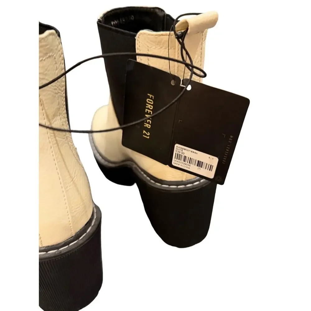 Forever 21 Cream Chelsea Platform Block Heel Ankle Boots NWT Size 7